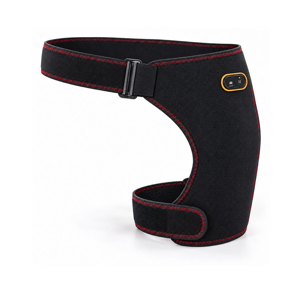 Red Light Hip Brace Heated Massager shown at angle, displaying black neoprene wrap, red stitching and yellow controller