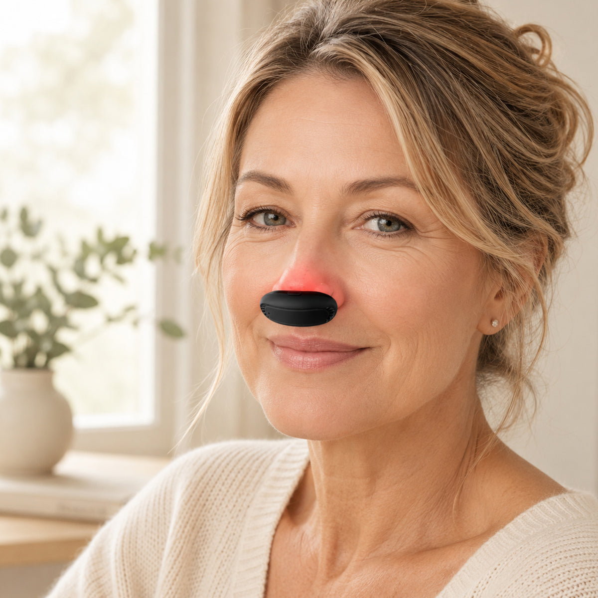 Person using red light nasal therapy device for hay fever relief — seated, relaxed home setting