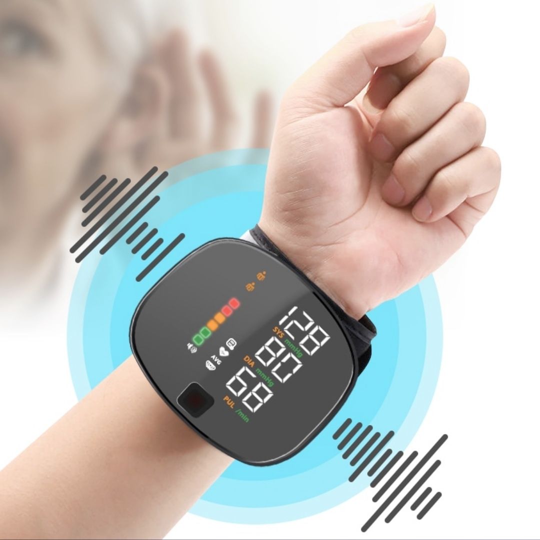 Wrist blood pressure monitor worn on raised fist displaying SYS, DIA and pulse readings with sound wave graphics