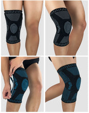 Load image into Gallery viewer, Four-panel view of teal knee brace worn on leg showing front, side, fitting and bent-knee angles
