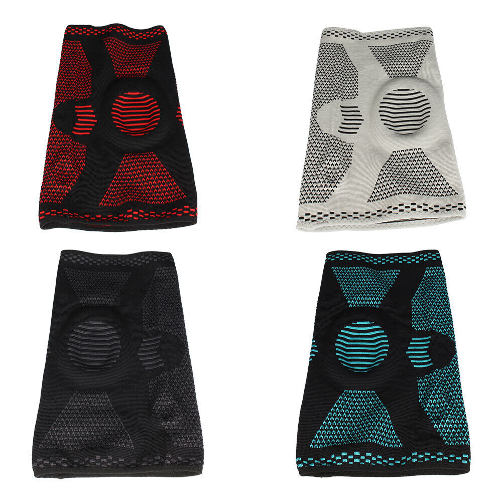 Four flat-lay knee braces in red, grey, black and teal colour variants showing interior silicone pad detail