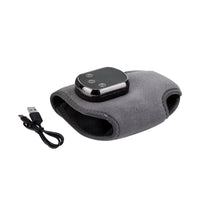 Ankle heating wrap laid flat beside a USB charging cable on white background