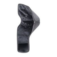 Interior of ankle heating wrap laid flat, showing black heating pad with ventilation holes and velcro strap