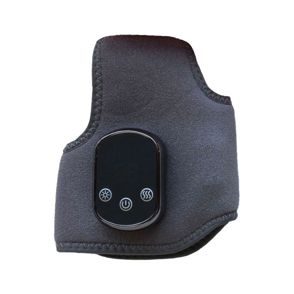 Dark grey ankle heating wrap standing upright, front view showing oval black touch control panel