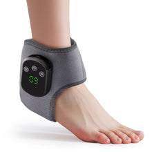 Load image into Gallery viewer, Grey wireless electric heating ankle wrap on bare foot with orange heat glow graphic on white background
