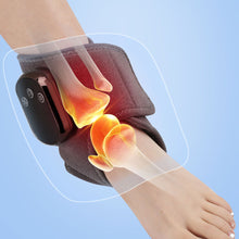Load image into Gallery viewer, Ankle heating wrap on foot with cutaway illustration showing heat and vibration penetrating ankle bones
