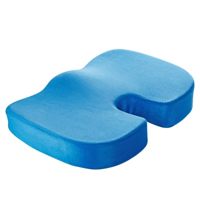 Blue coccyx cushion for tailbone pain, angled front view