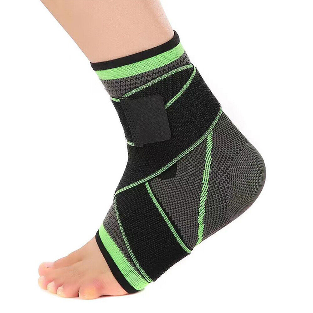 Green and black Compression Ankle Sleeve side view on bare foot, white background