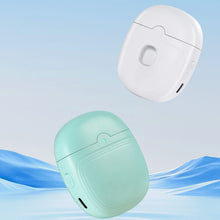 Load image into Gallery viewer, Mint green and white electric nail clippers shown front and side views against a blue gradient background
