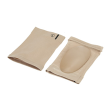 Load image into Gallery viewer, Two beige Foot Arch Support Sleeves angled view one showing internal oval gel pad
