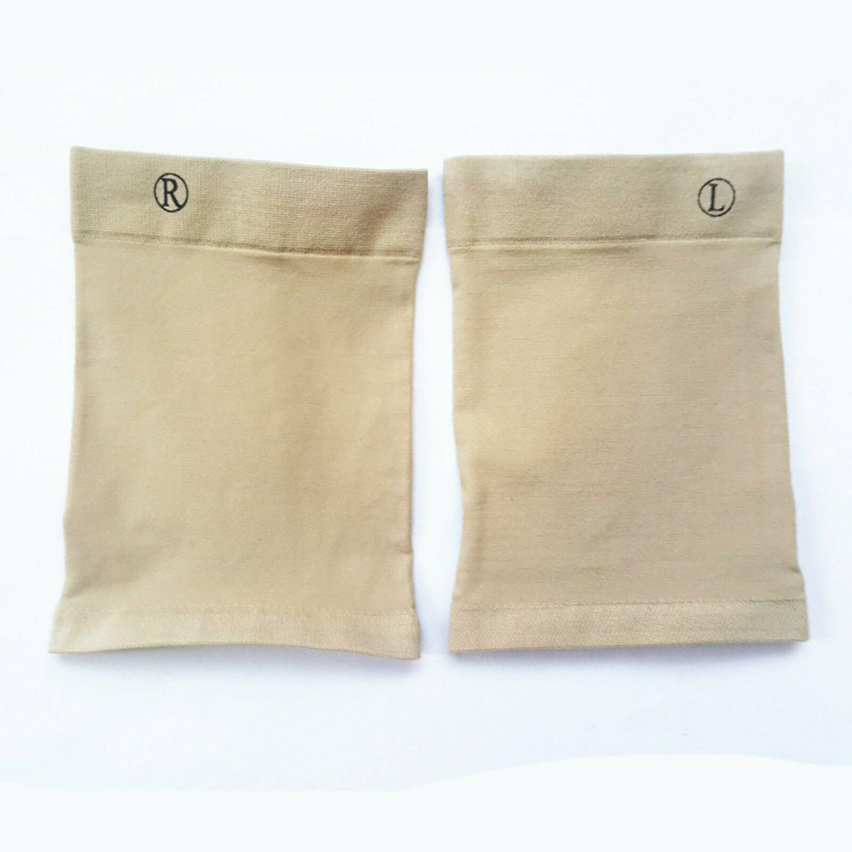 Pair of beige Foot Arch Support Sleeves flat lay showing R and L labels