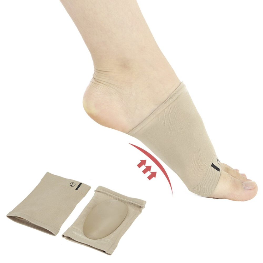 Beige Foot Arch Support Sleeve on foot with product pair and arch lift arrow graphic