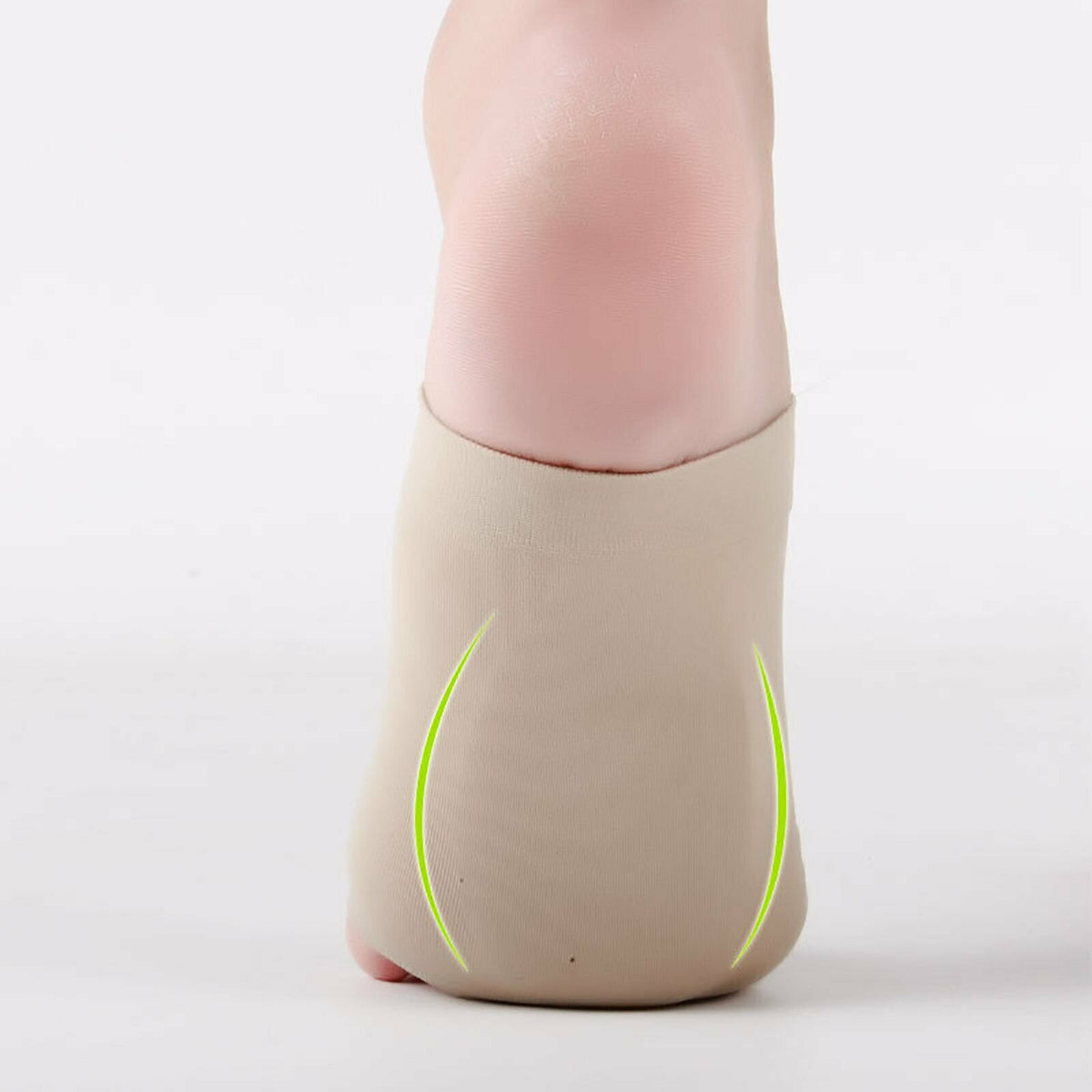 Beige Foot Arch Support Sleeve on foot rear view with green arch highlight lines