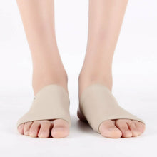 Load image into Gallery viewer, Pair of beige Foot Arch Support Sleeves worn on both feet front view
