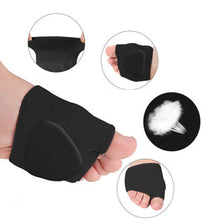 Load image into Gallery viewer, Black metatarsal pad sleeve held in hand with close-up insets highlighting open-toe design, gel cushion, and breathable fabric
