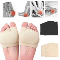 Beige metatarsal pad sleeves worn on both feet with inset diagrams showing bunion, foot pain, and available colour variants
