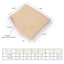 Load image into Gallery viewer, Beige metatarsal pad sleeve dimension diagram showing length, width, and thickness measurements for S and L sizes
