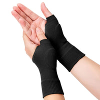 Pair of black gel thumb support gloves worn on both hands, palms facing up on white background