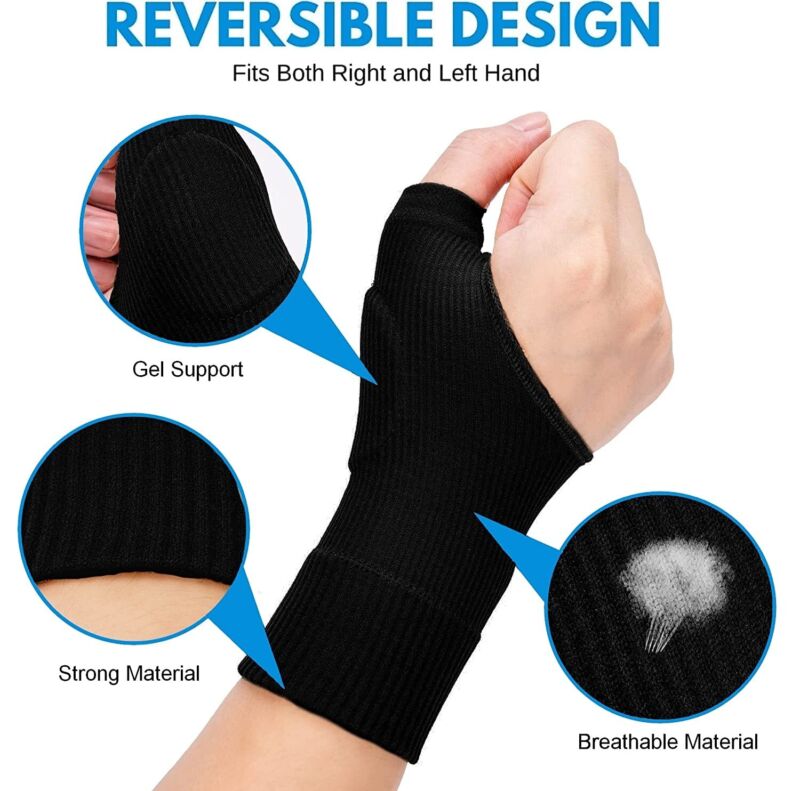 Infographic showing reversible design of black gel thumb support gloves with gel support, strong and breathable material callouts