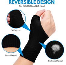 Load image into Gallery viewer, Infographic showing reversible design of black gel thumb support gloves with gel support, strong and breathable material callouts
