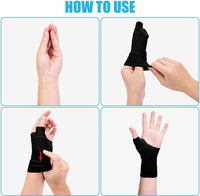 Four-step how-to-use guide showing hands fitting black gel thumb support gloves