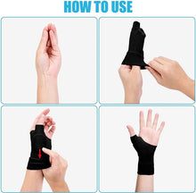 Load image into Gallery viewer, Four-step how-to-use guide showing hands fitting black gel thumb support gloves
