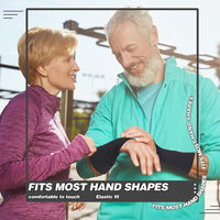 Active older couple outdoors, man wearing black gel thumb support gloves with fits most hand shapes text overlay