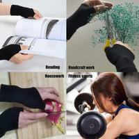 Four-panel collage showing black wrist support gloves used for reading, craft, housework, and fitness