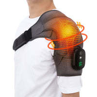 Side view of heated compression shoulder brace with vibration showing orange heat and rotation graphics