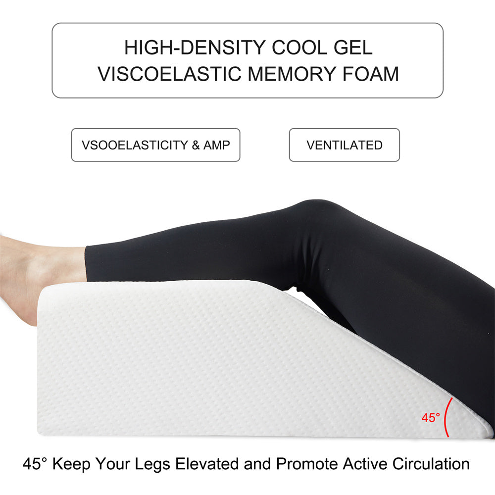 Leg Elevation Pillow at 45 degrees supporting elevated legs with cool gel memory foam text overlay