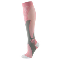 Single pink grey LegEase Compression Sock side profile on white background