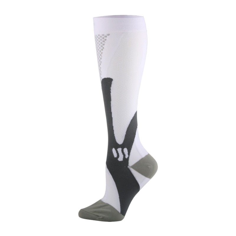 Single white dark grey LegEase Compression Sock side profile on white background