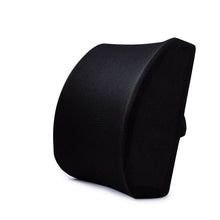 Load image into Gallery viewer, Black mesh memory foam lumbar support cushion shown at a front angle on white background

