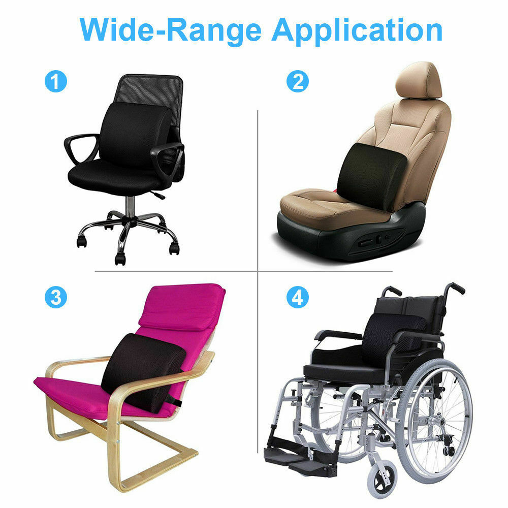 Infographic showing wide-range application of lumbar cushion on office chair, car seat, armchair, and wheelchair