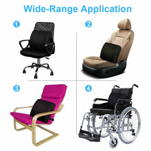 Load image into Gallery viewer, Infographic showing wide-range application of lumbar cushion on office chair, car seat, armchair, and wheelchair
