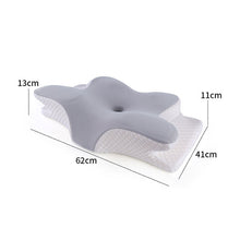 Load image into Gallery viewer, Neck and shoulder support pillow with dimensions labelled: 62cm wide, 41cm deep, 13cm and 11cm height

