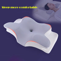 Contoured cervical pillow with grey foam surface and orange trim on purple background, woman sleeping in corner