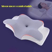 Load image into Gallery viewer, Contoured cervical pillow with grey foam surface and orange trim on purple background, woman sleeping in corner

