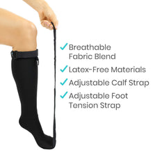 Load image into Gallery viewer, Hand holding plantar fasciitis night splint sock with key features listed including breathable fabric and adjustable straps
