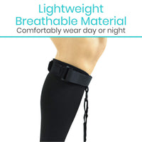 Close-up of adjustable calf strap and buckle on black plantar fasciitis night splint sock with text overlay