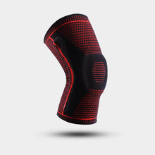 Load image into Gallery viewer, Red and black Ultra Knee Brace floating on white background, front three-quarter view
