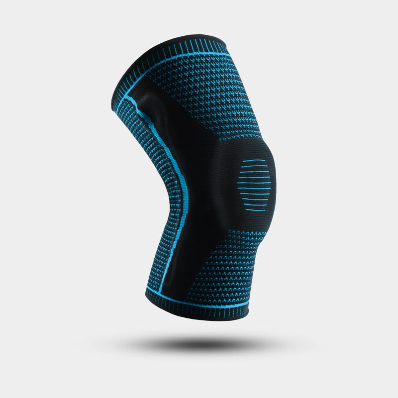 Teal and black Ultra Knee Brace floating on white background, angled side view