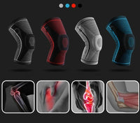 Four knee brace colour options above anatomical knee joint diagrams highlighting pain areas