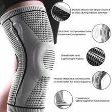 Load image into Gallery viewer, Grey Ultra Knee Brace with labelled callouts showing silicone gel strips, pad, breathable fabric and metal stabilisers
