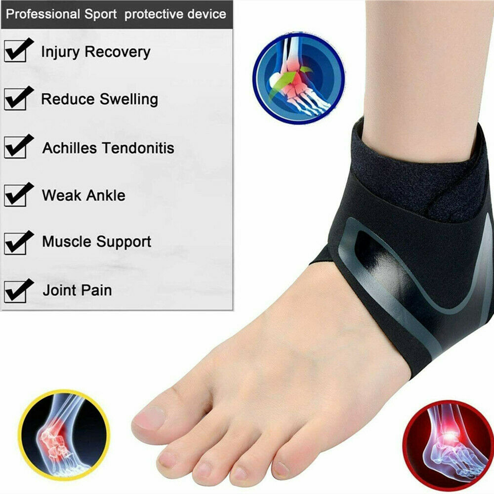 Infographic listing ankle wrap benefits: injury recovery, swelling, Achilles tendonitis, joint pain